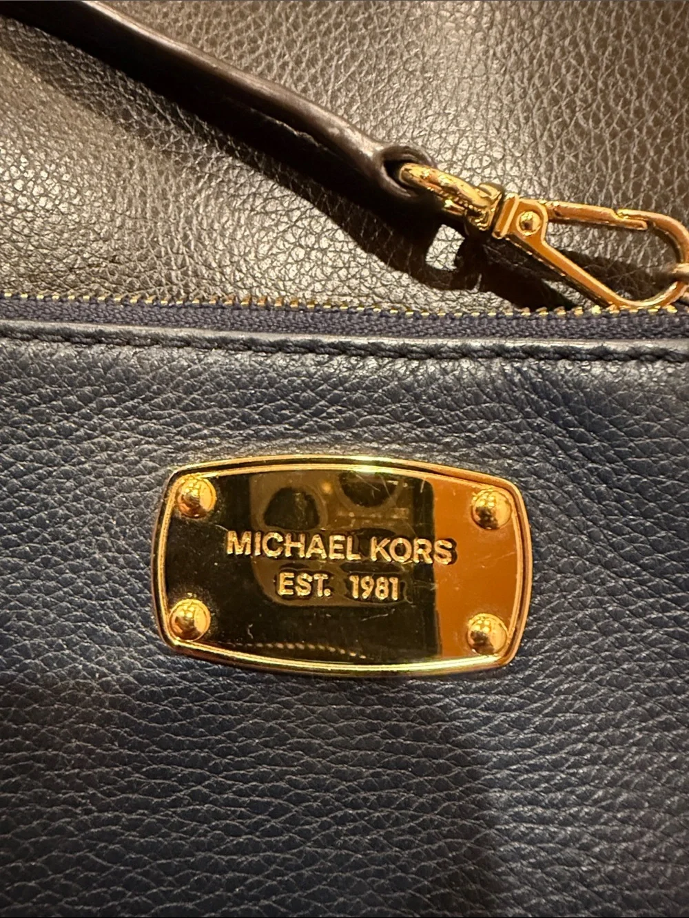 Michael Kors Blue Pebbled Leather Wristlet with Gold Plate